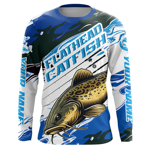 Maxcorners Custom Flathead Catfish Fishing Jerseys, Catfish Long Sleeve Tournament Fishing Shirts | Blue Camo LM2408
