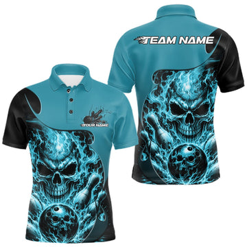 Maxcorners Custom Turquoise Blue Fire Flame Halloween Skull Bowling Men Polo Shirt, Team Jersey LM0409