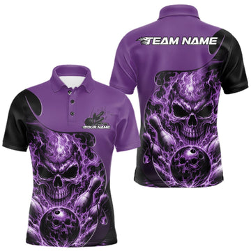 Maxcorners Custom Black And Purple Fire Flame Halloween Skull Bowling Men Polo Shirt, Team Jersey LM0409