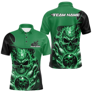 Maxcorners Custom Black And Green Fire Flame Halloween Skull Bowling Men Polo Shirt, Team Jersey LM0409