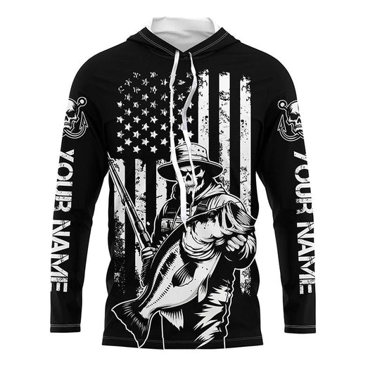 Maxcorners Black And White American Flag Bass Fisherman Custom Skull Fishing Shirts, Patriotic Fishing Jerseys LM0201