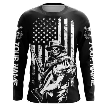 Maxcorners Black And White American Flag Bass Fisherman Custom Skull Fishing Shirts, Patriotic Fishing Jerseys LM0501