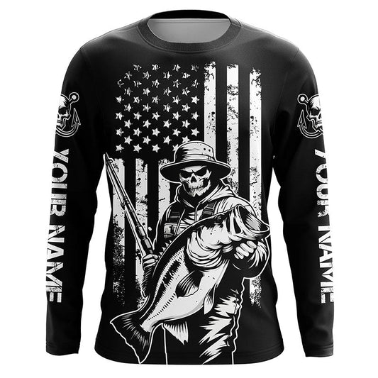 Maxcorners Black And White American Flag Bass Fisherman Custom Skull Fishing Shirts, Patriotic Fishing Jerseys LM0501