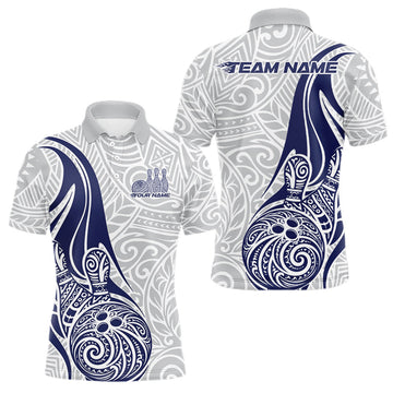 Maxcorners Custom Blue Polynesian Tribal Bowling Men Polo Shirt, Maori Style Bowling Shirt LM0101