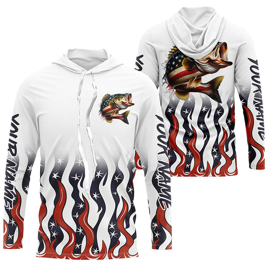 Maxcorners Personalized American Flag Bass Long Sleeve Fishing Shirts, Patriotic Bass Fishing Gift LM0501