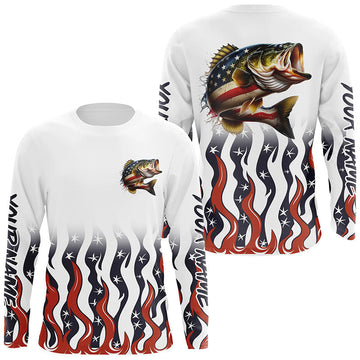 Maxcorners Personalized American Flag Bass Long Sleeve Fishing Shirts, Patriotic Bass Fishing Gifts LM0201