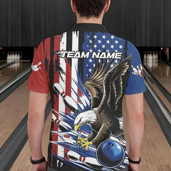 Maxcorners Custom American Flag Eagle Bowling Team Men Polo Shirts, Patriotic US Bowling League Shirt