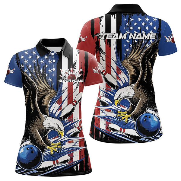 Maxcorners Custom American Flag Eagle Bowling Team Men Polo Shirts, Patriotic US Bowling League Shirt