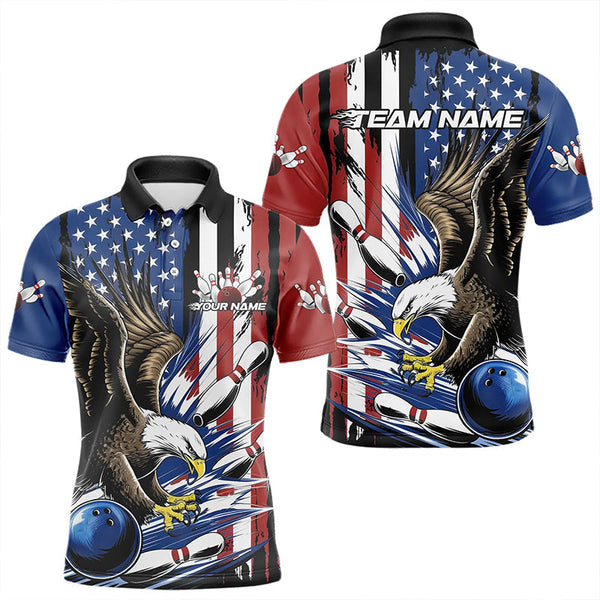 Maxcorners Custom American Flag Eagle Bowling Team Men Polo Shirts, Patriotic US Bowling League Shirt