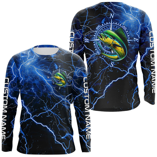Maxcorners Black And Blue Thunder Lightning Mahi Mahi Fishing Custom Long Sleeve Saltwater Fishing Shirts LM2408