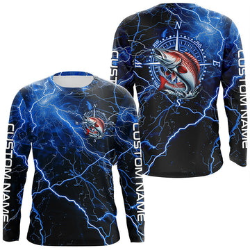 Maxcorners Black And Blue Thunder Lightning Redfish Red Drum Fishing Custom Long Sleeve Saltwater Fishing Shirt LM2408