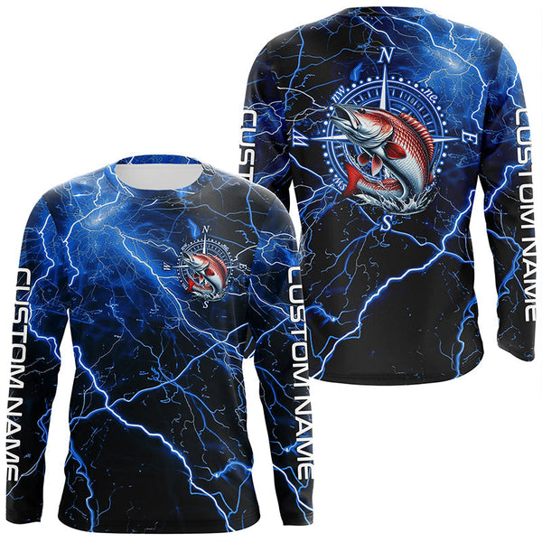 Maxcorners Black And Blue Thunder Lightning Redfish Red Drum Fishing Custom Long Sleeve Saltwater Fishing Shirt LM2408