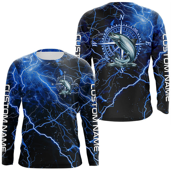 Maxcorners Black And Blue Thunder Lightning Chinook Salmon Fishing Custom Long Sleeve Saltwater Fishing Shirts LM2408