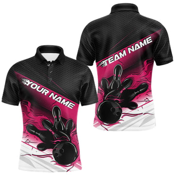 Maxcorners Custom Black And Pink Flame Bowling Team Men Polo Shirt, Flame Bowling Jersey LM0409