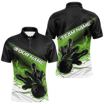 Maxcorners Custom Black And Green Flame Bowling Team Men Polo Shirt, Flame Bowling Jersey LM0409