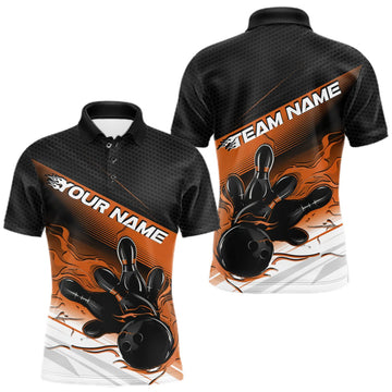 Maxcorners Custom Black And Orange Flame Bowling Team Men Polo Shirt, Flame Bowling Jersey LM0409
