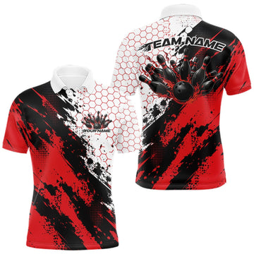 Maxcorners Custom Black And Red Splatter Flame Bowling Men Polo Shirt, Bowling Tournament Shirt LM0409