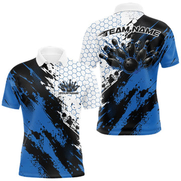 Maxcorners Custom Black And Blue Splatter Flame Bowling Men Polo Shirt, Bowling Tournament Shirt LM0409