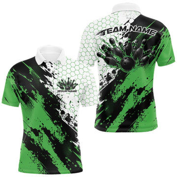 Maxcorners Custom Black And Green Splatter Flame Bowling Men Polo Shirt, Bowling Tournament Shirt LM0409