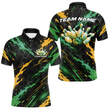 Maxcorners Custom Green And Yellow Lightning Bowling Men Polo Shirt, Bowling Team League Shirt LM0409