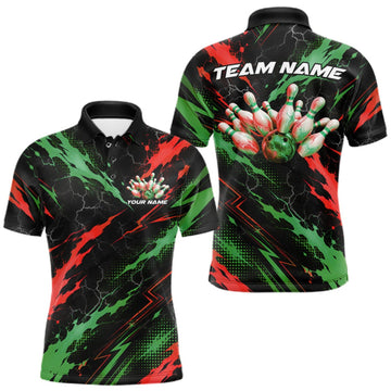 Maxcorners Custom Green And Red Lightning Bowling Men Polo Shirt, Bowling Team League Shirt LM0409