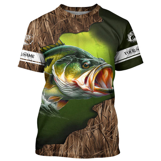 Maxcorners Custom Largemouth Bass Fishing Camo Long Sleeve Fishing Shirts, Bass Tournament Fishing Jerseys LM0201