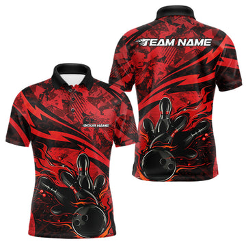 Maxcorners Custom Red Camo Flame Bowling Men Polo Shirts, Camouflage Bowling Team Jerseys