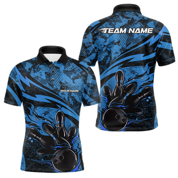 Maxcorners Custom Blue Camo Flame Bowling Men Polo Shirts, Camouflage Bowling Team Jerseys