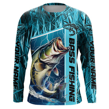 Maxcorners Custom Teal Blue Camo Bass Long Sleeve Tournament Fishing Shirts, Bass Fishing Jerseys LM0201