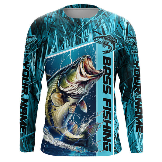 Maxcorners Custom Teal Blue Camo Bass Long Sleeve Tournament Fishing Shirts, Bass Fishing Jerseys LM0201