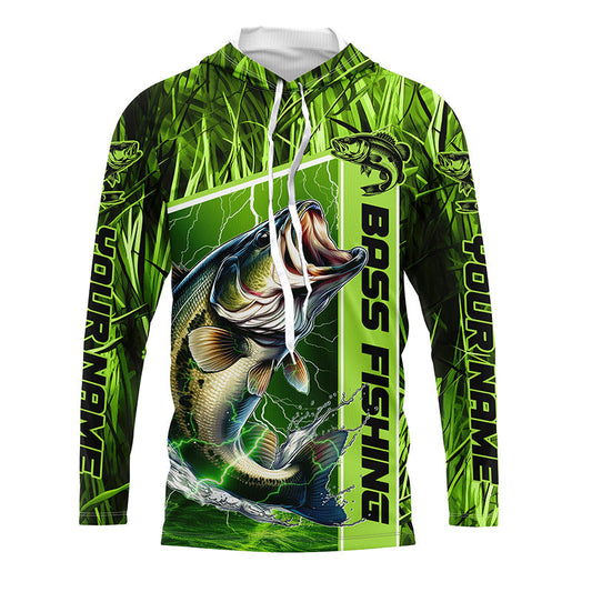 Maxcorners Custom Green Camo Bass Long Sleeve Tournament Fishing Shirts, Bass Fishing Jerseys LM0201