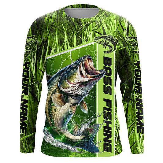 Maxcorners Custom Green Camo Bass Long Sleeve Tournament Fishing Shirts, Bass Fishing Jerseys LM0201