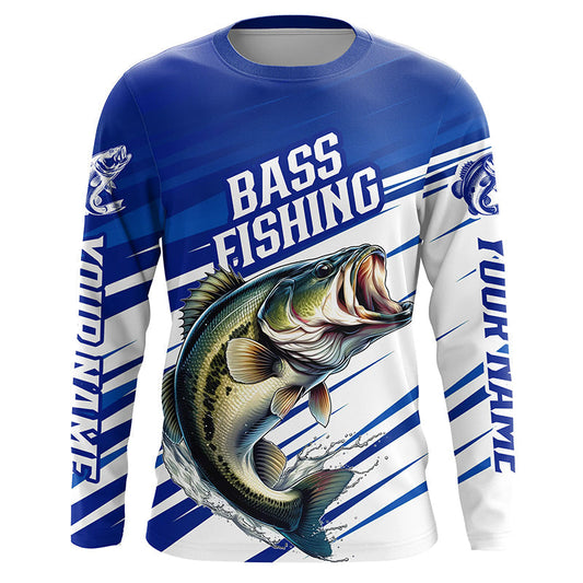 Maxcorners Personalized Bass Fishing Jerseys, Bass Long Sleeve Tournament Fishing Shirts | Blue LM0201