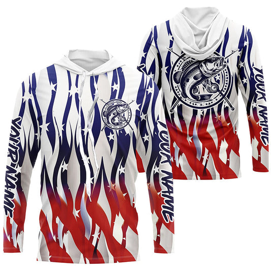 Maxcorners Flaming American Flag Custom Bass Long Sleeve Fishing Shirts, Patriotic Bass Fishing Jerseys LM0201