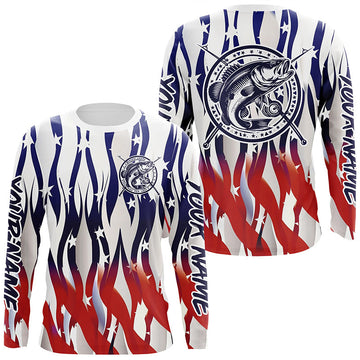Maxcorners Flaming American Flag Custom Bass Long Sleeve Fishing Shirts, Patriotic Bass Fishing Jerseys LM0201