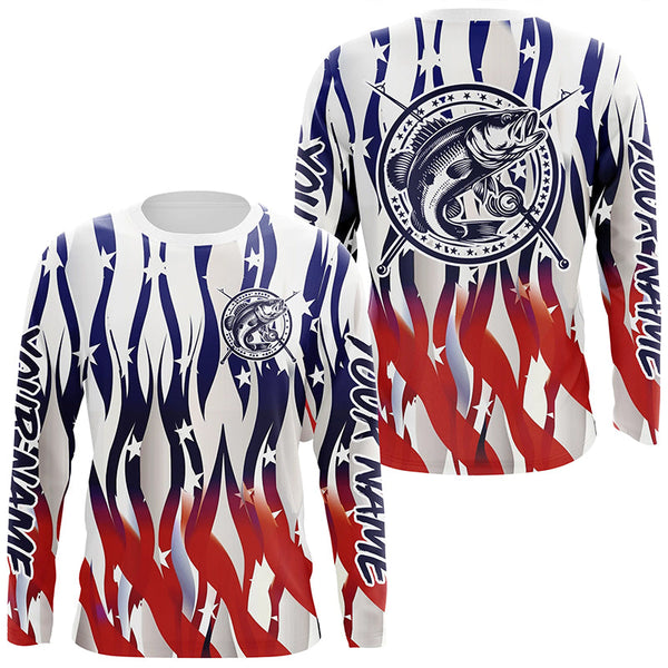 Maxcorners Flaming American Flag Custom Bass Long Sleeve Fishing Shirts, Patriotic Bass Fishing Jerseys LM2408