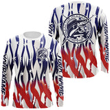 Maxcorners Flaming American Flag Custom Walleye Long Sleeve Fishing Shirts, Patriotic Walleye Fishing Jersey LM2408