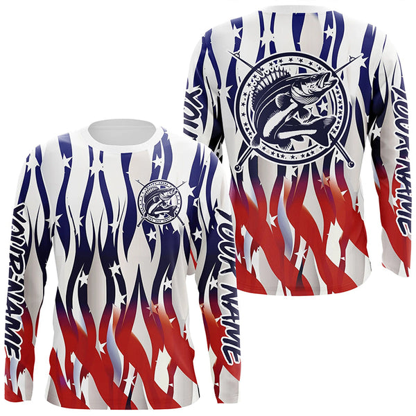 Maxcorners Flaming American Flag Custom Walleye Long Sleeve Fishing Shirts, Patriotic Walleye Fishing Jersey LM2408
