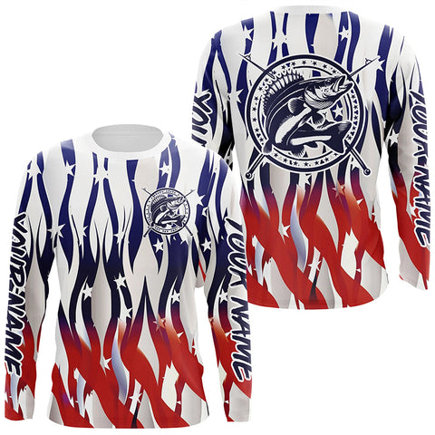 Maxcorners Flaming American Flag Custom Walleye Long Sleeve Fishing Shirts, Patriotic Walleye Fishing Jersey LM2408