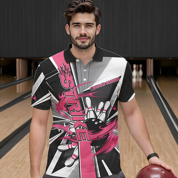 Maxcorners Custom Black And Pink Strike Bowling Men Polo Shirts, Bowling Team League Shirt With Name