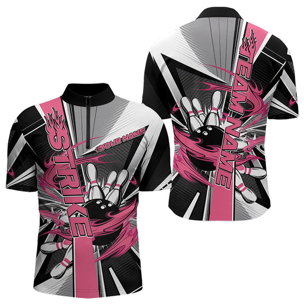 Maxcorners Custom Black And Pink Strike Bowling Men Polo Shirts, Bowling Team League Shirt With Name