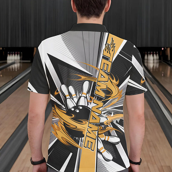 Maxcorners Custom Black And Yellow Strike Bowling Men Polo Shirts, Bowling Team League Shirt With Name