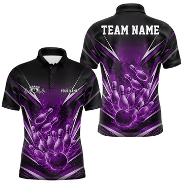Maxcorners Custom Purple Fire Flame Bowling Men Polo Shirt, Bowling Team Tournament Outfit LM1104