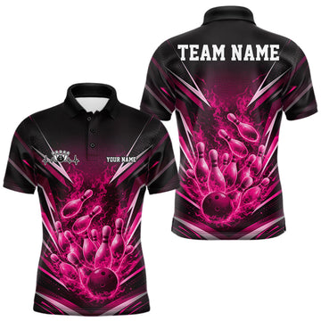 Maxcorners Custom Pink Fire Flame Bowling Men Polo Shirt, Bowling Team Tournament Outfit LM1104