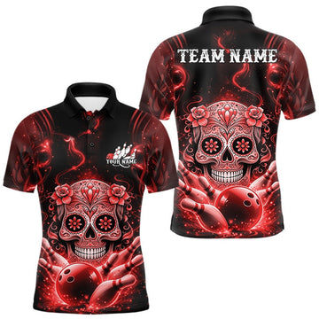 Maxcorners Custom Red Sugar Skull Bowling Men Polo Shirt, Halloween Team Bowling Outfit LM1104