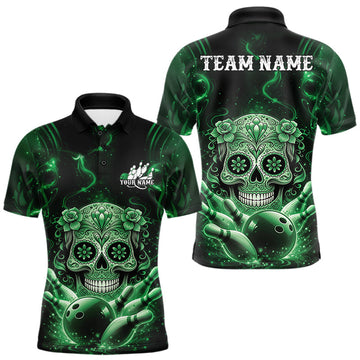 Maxcorners Custom Green Sugar Skull Bowling Men Polo Shirt, Halloween Team Bowling Outfit LM1104