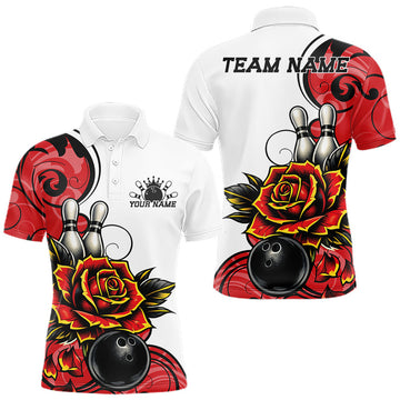 Maxcorners Custom Red Rose Bowling Men Polo Shirt, Floral Bowling Team Shirt LM0208