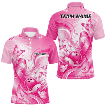 Maxcorners Custom Breast Cancer Pink Ribbon And Butterflies Bowling Team Men Polo Shirt LM0409