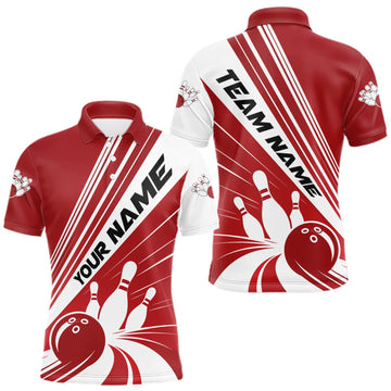 Maxcorners Custom White And Red Classic Retro Bowling Team Men Polo Shirt, Bowling League Shirt LM0409
