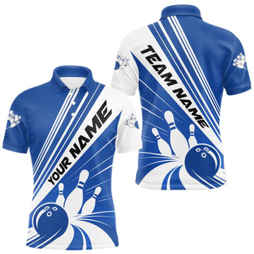 Maxcorners Custom White And Blue Classic Retro Bowling Team Men Polo Shirt, Bowling League Shirt LM0409